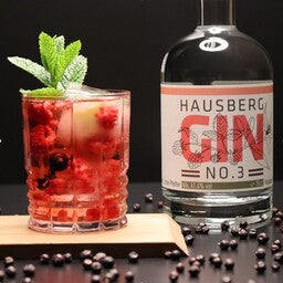 Ein Gin & Tonic mit Himbeeren als Serviervorschlag im Vordergrund mit einer Flasche Hausberg Gin No.3 rechts seitlich im Hintergrund.